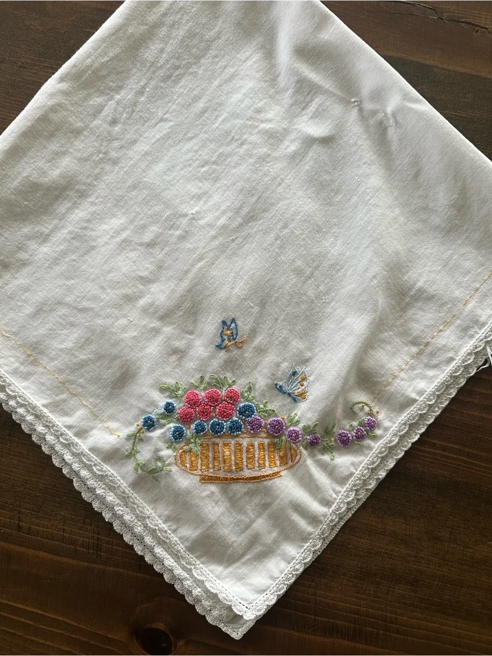 Vintage Hand Embroidered Bread Basket Liner Floral Butterfly Crochet Edge